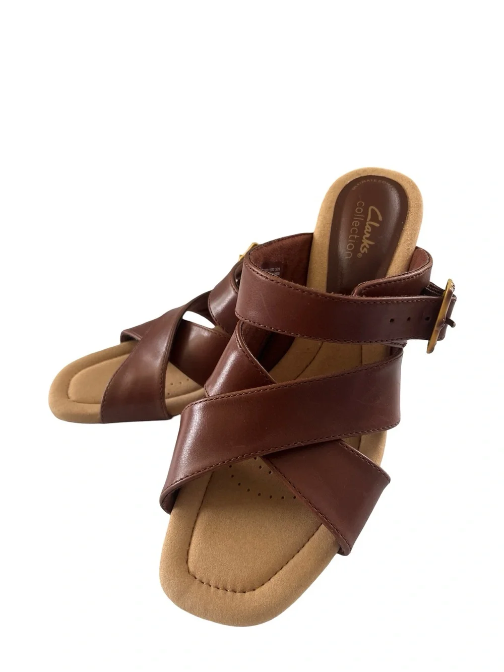 Clark’s Collection Kyarra Judi Sandals Tan Wood Grain Wedge Womens Size 7.5